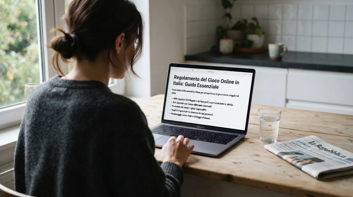 Persona davanti a un portatile che legge una pagina informativa sul gioco online in Italia — 100 giri gratis senza deposito