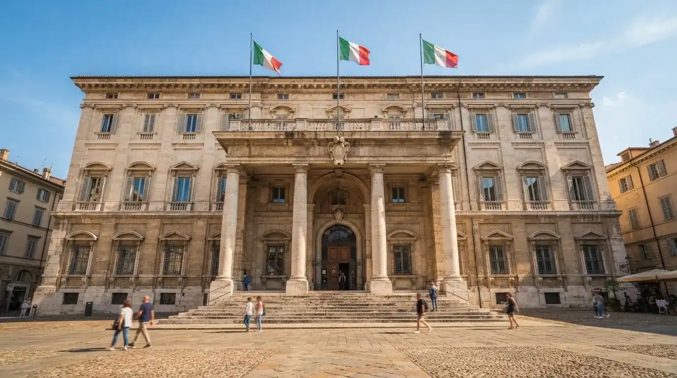 Palazzo istituzionale con bandiere al vento in una piazza soleggiata — 100 giri gratis senza deposito