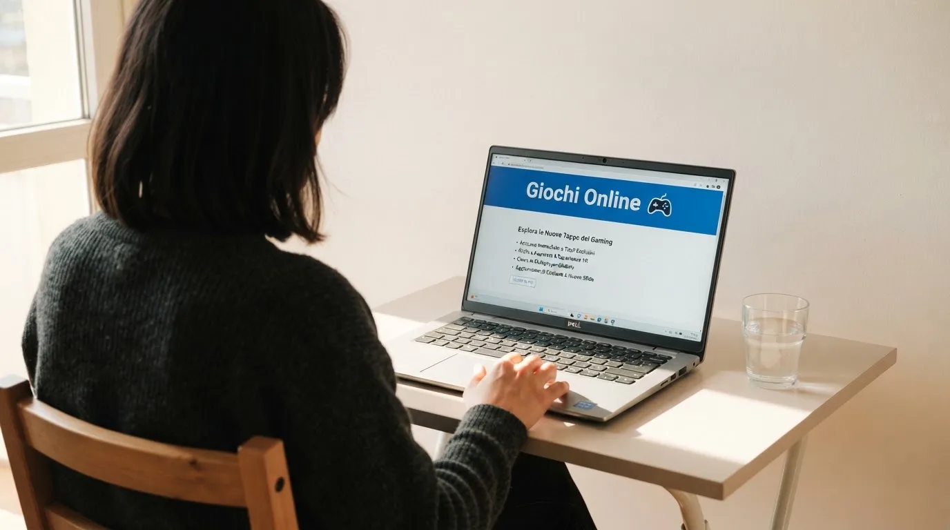 Persona davanti a un portatile che legge una pagina informativa sul gioco online in Italia — 25, 30, 50, 100, 200 giri gratis senza deposito
