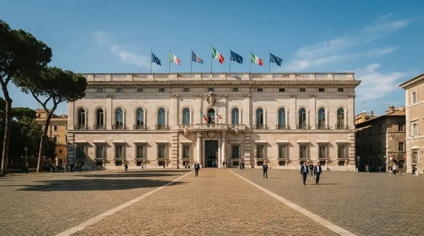 Palazzo istituzionale con bandiere al vento in una piazza soleggiata — 25, 30, 50, 100, 200 giri gratis senza deposito