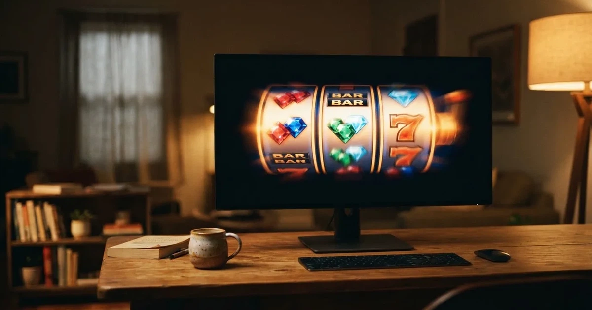 Rulli di una slot in movimento sullo schermo di un computer in un salotto — 25, 30, 50, 100, 200 giri gratis senza deposito