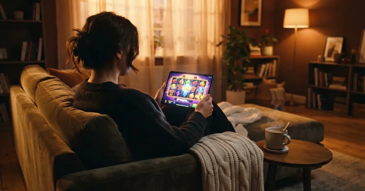 Giocatore sul divano con un tablet, tazza di caffè sul tavolino, luce calda — 50 free spins senza deposito