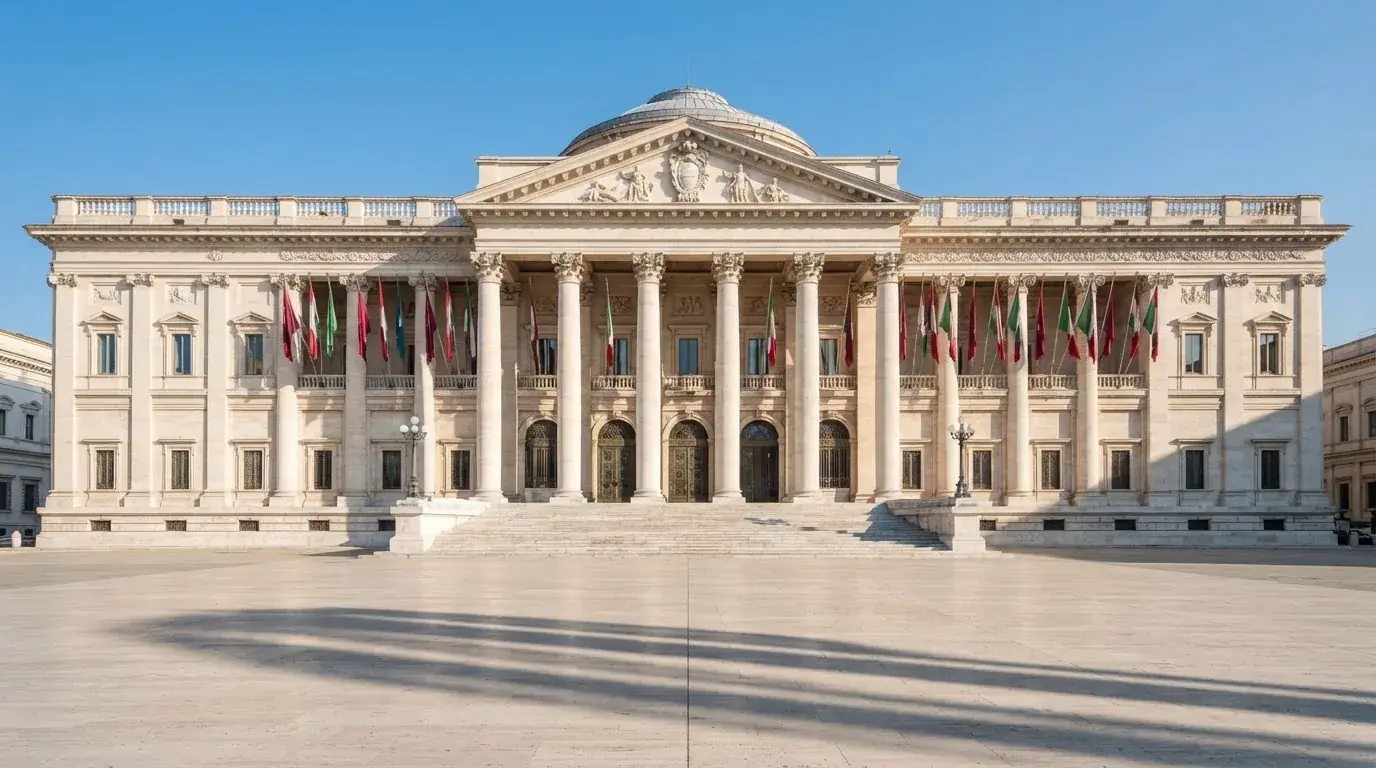 Palazzo istituzionale con bandiere al vento in una piazza soleggiata — big time gaming live casino italia