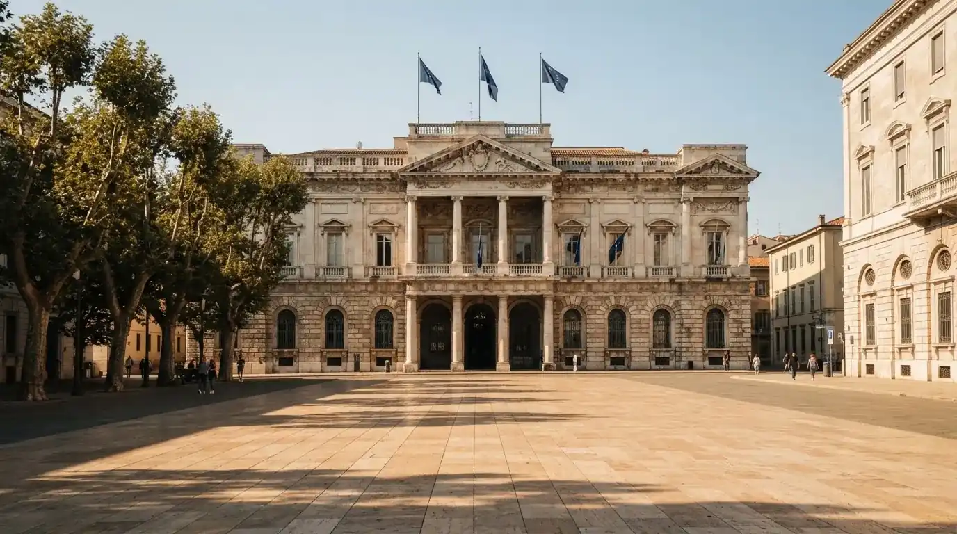 Palazzo istituzionale con bandiere al vento in una piazza soleggiata — casinò che accettano bitcoin