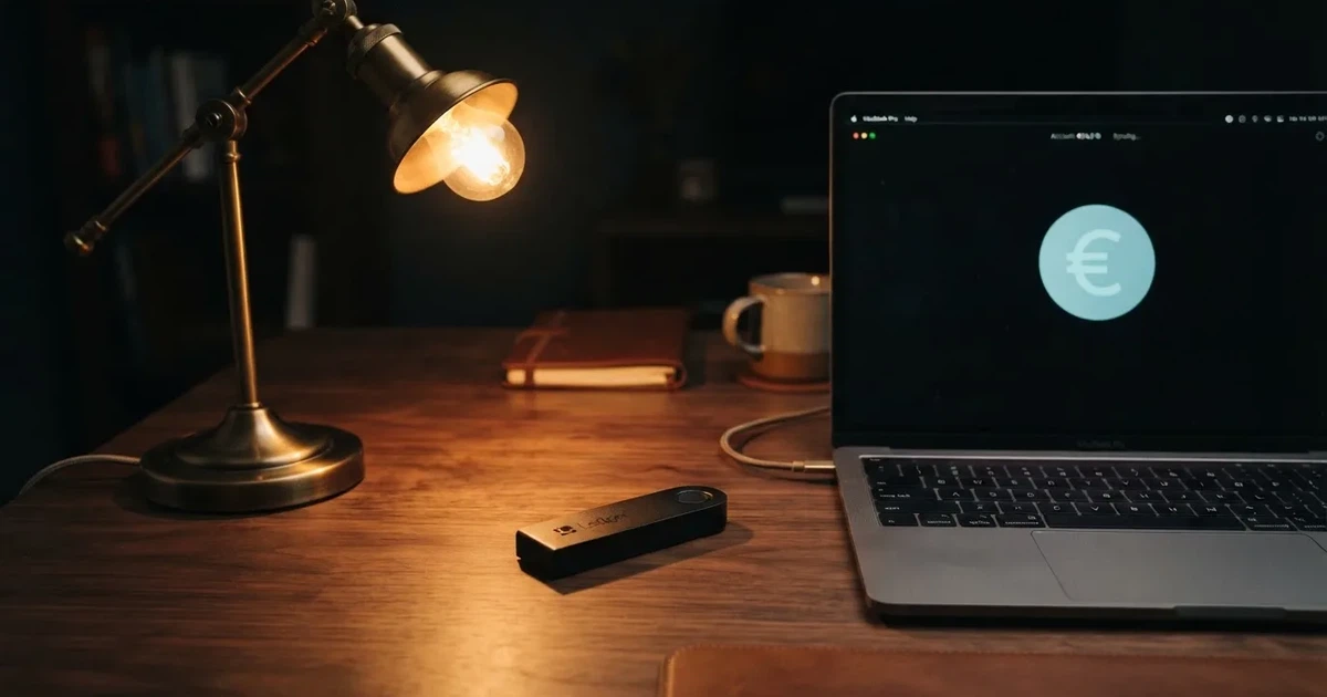 Portafoglio hardware accanto a un portatile su una scrivania scura con lampada — casinò che accettano bitcoin