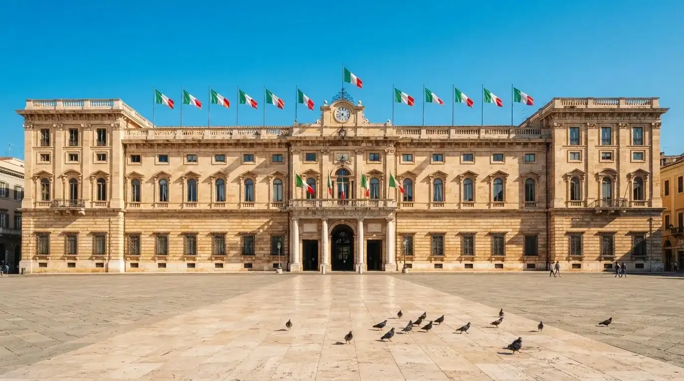 Palazzo istituzionale con bandiere al vento in una piazza soleggiata — casino com app android