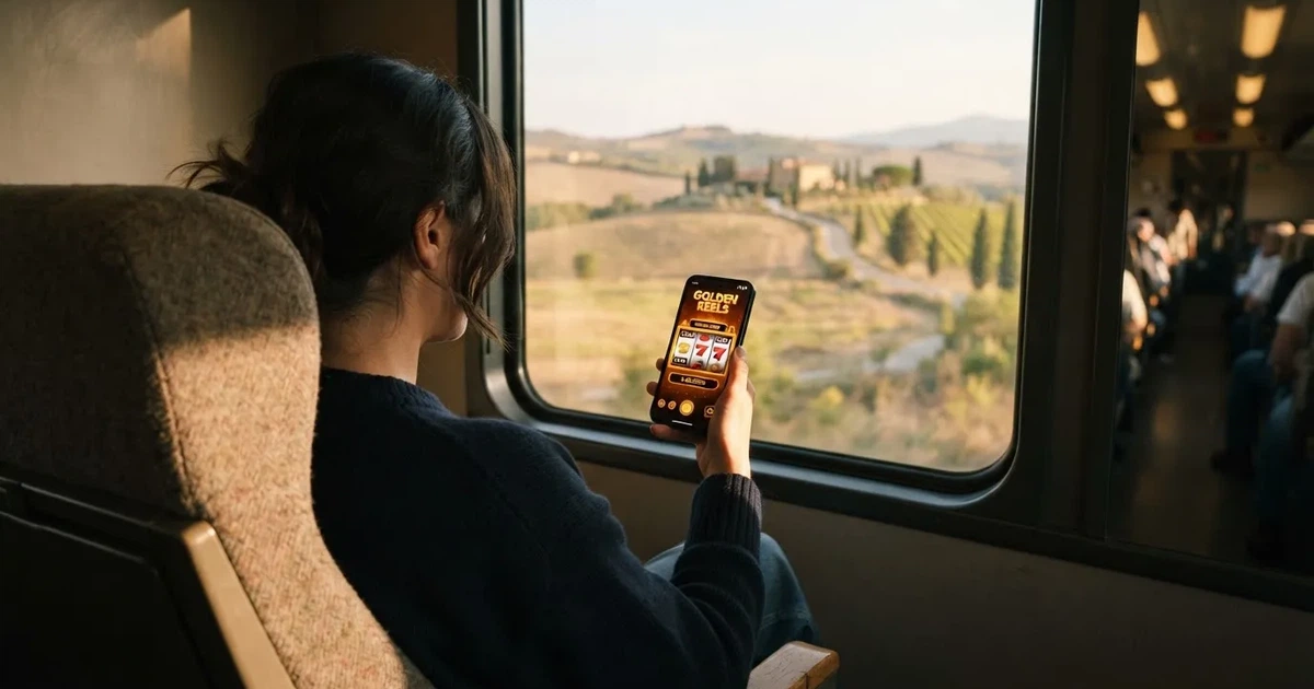 Smartphone in mano su un treno, paesaggio sfocato dal finestrino — casino com app android