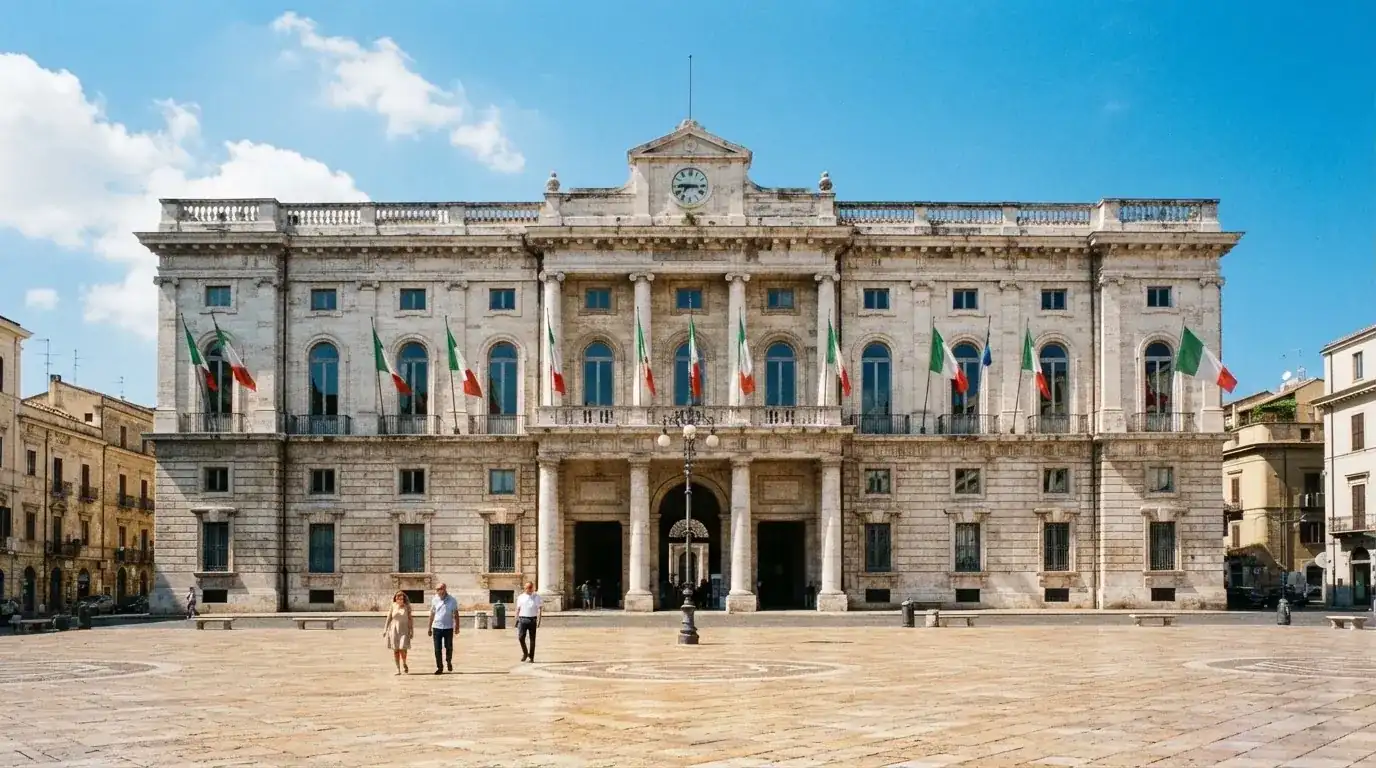 Palazzo istituzionale con bandiere al vento in una piazza soleggiata — casino com app iphone