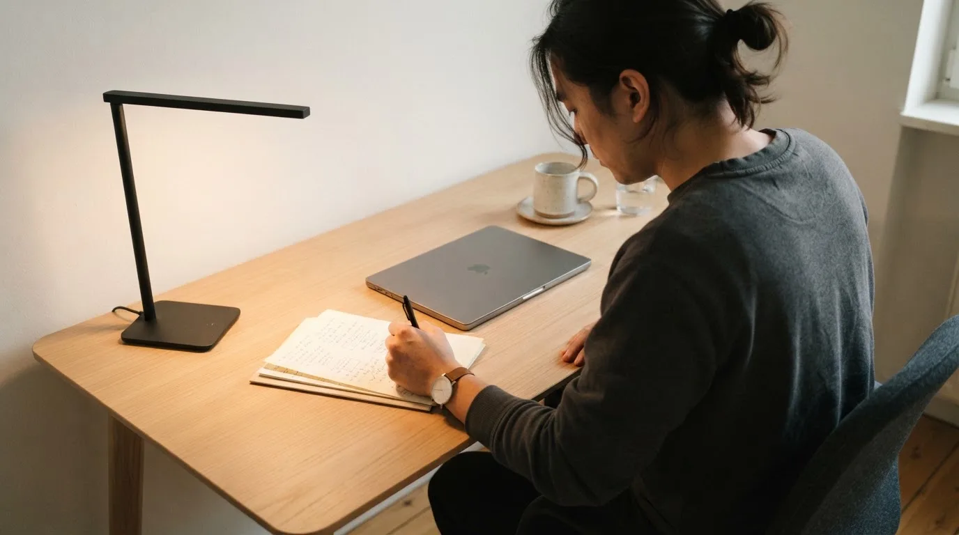 Una persona seduta a una scrivania minimalista con un laptop chiuso e una lampada accesa in un ufficio domestico ordinato.