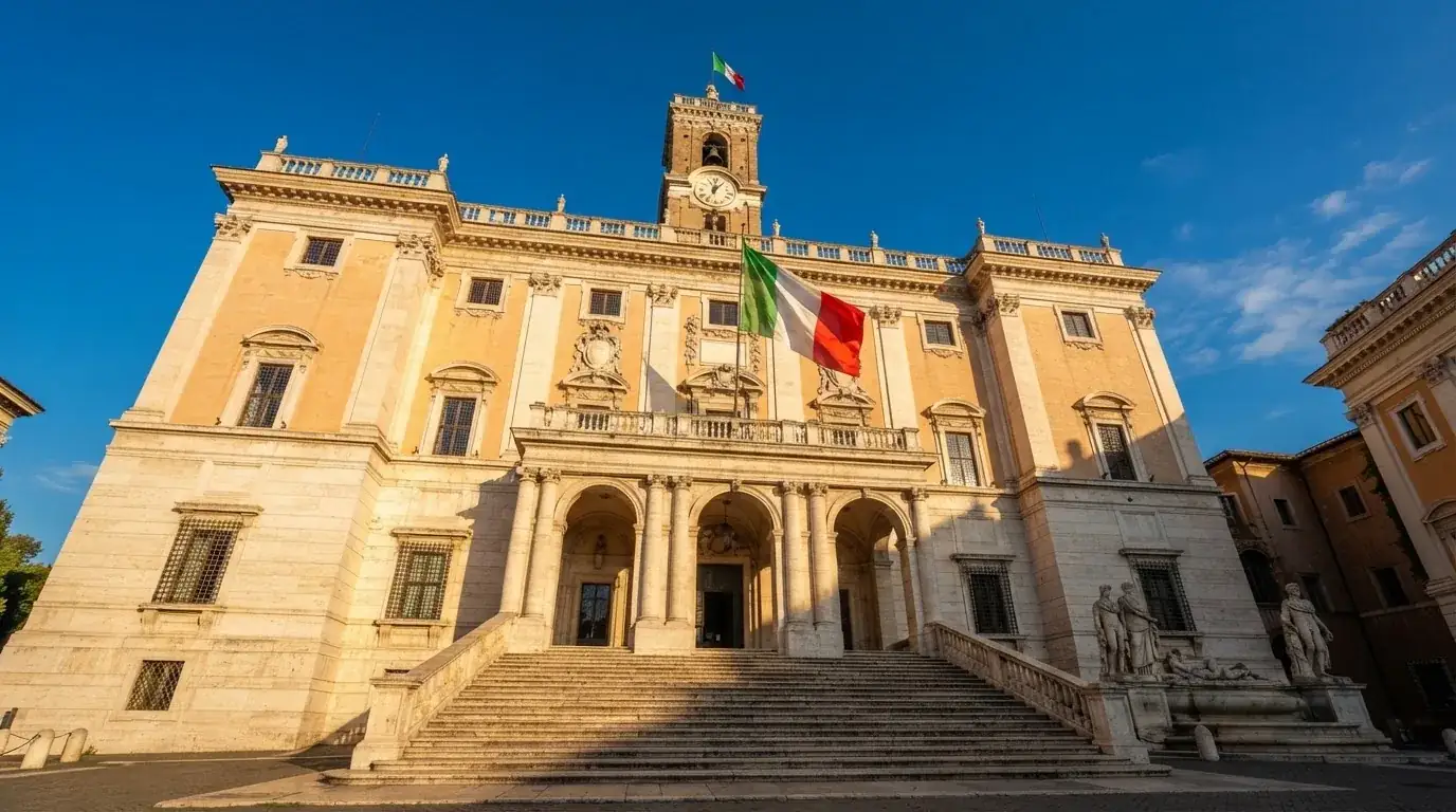 Un edificio governativo italiano con bandiera al vento fotografato dal basso in una giornata di sole.