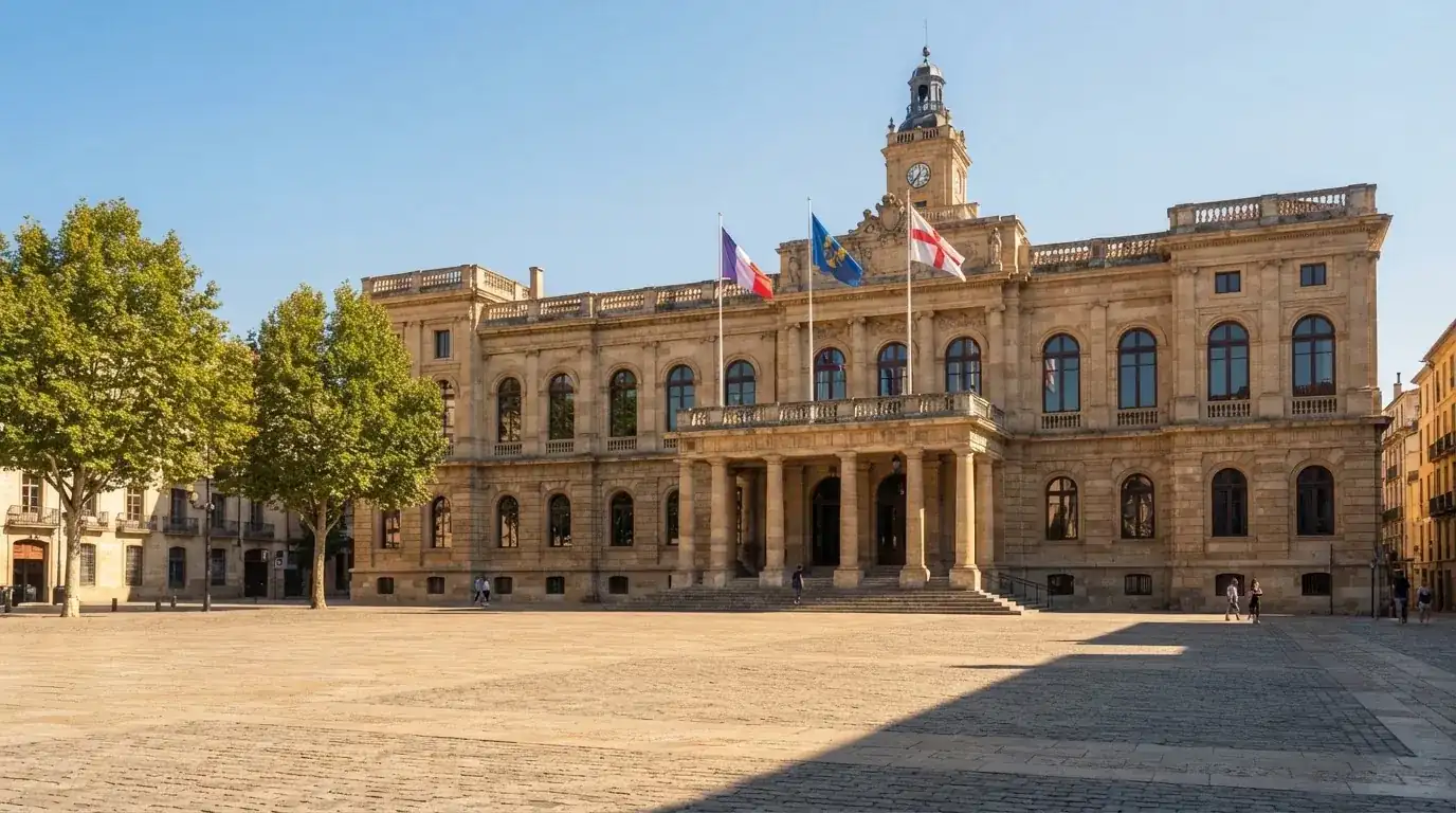Palazzo istituzionale con bandiere al vento in una piazza soleggiata — casino dal vivo online