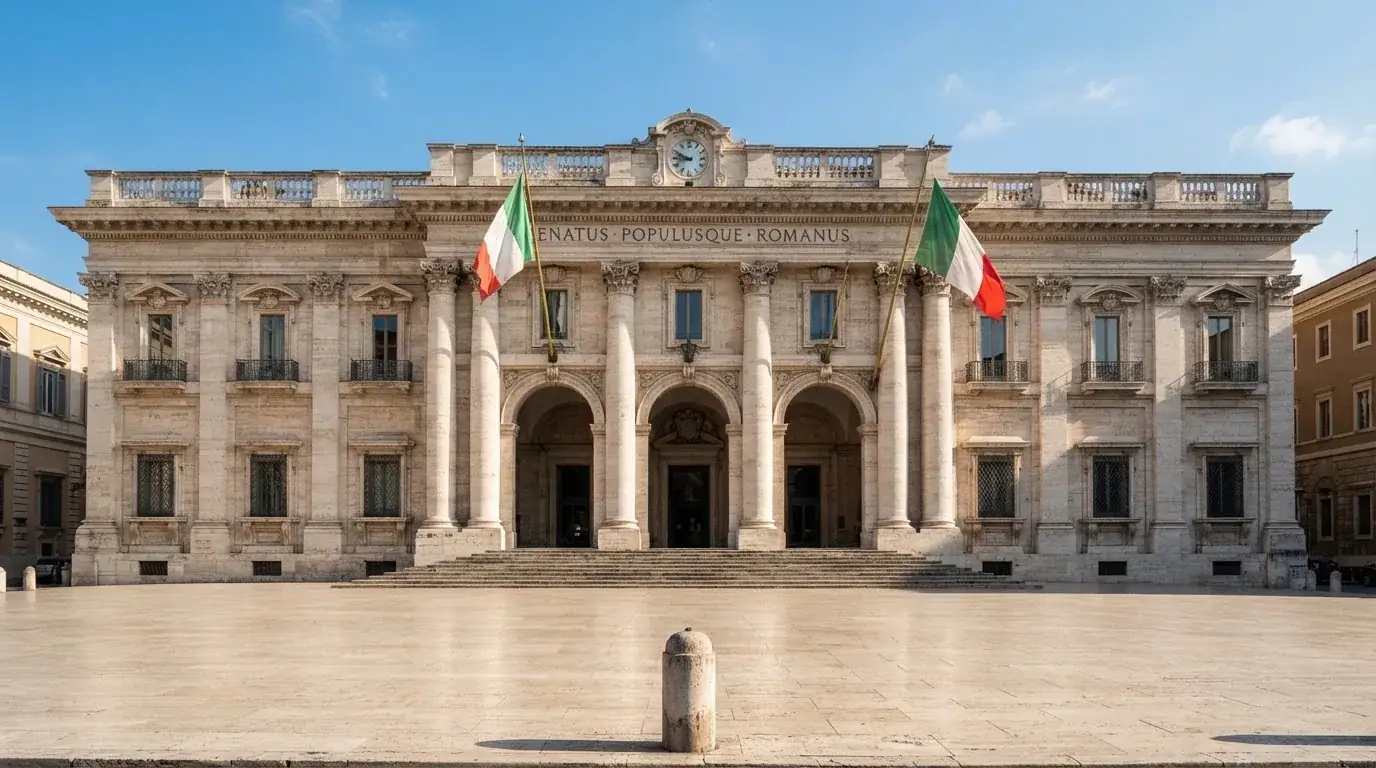 Palazzo istituzionale con bandiere al vento in una piazza soleggiata — casino deposito minimo 1, 5, 10 e 20 euro