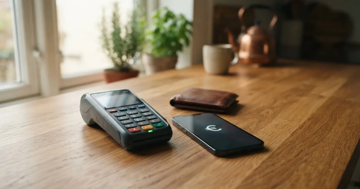 Terminale di pagamento e smartphone su un tavolo di legno accanto a un portafoglio — casino deposito minimo 1, 5, 10 e 20 euro