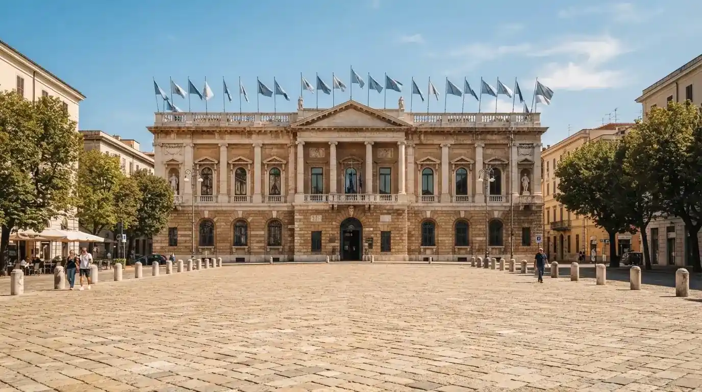 Palazzo istituzionale con bandiere al vento in una piazza soleggiata — casino deposito minimo 1 euro