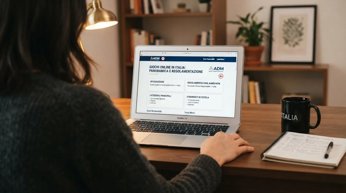Persona davanti a un portatile che legge una pagina informativa sul gioco online in Italia — casino deposito minimo 10 centesimi