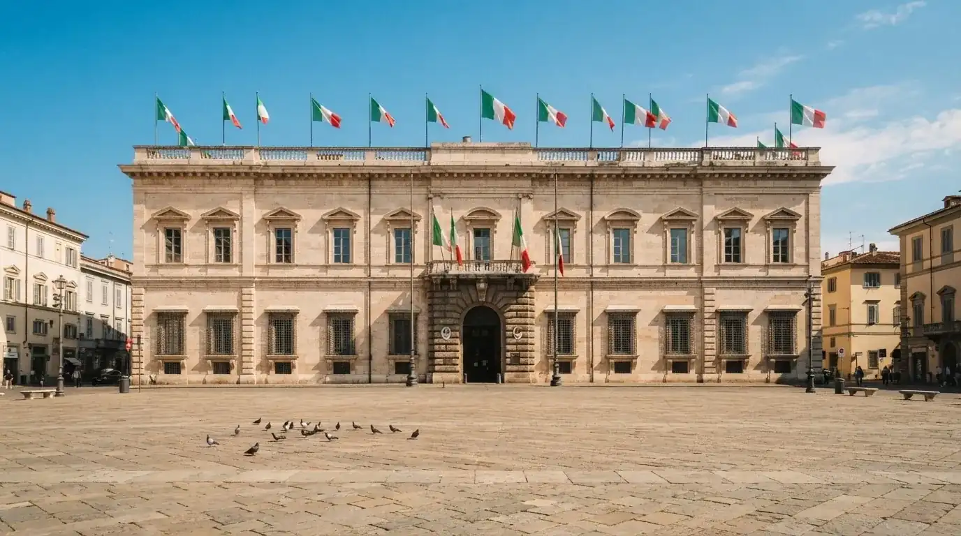 Palazzo istituzionale con bandiere al vento in una piazza soleggiata — casino deposito minimo 10 centesimi