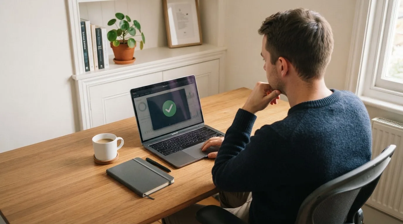 Un uomo seduto alla scrivania osserva pensieroso il monitor di un computer portatile, in una stanza ordinata con una tazza di caffè accanto.