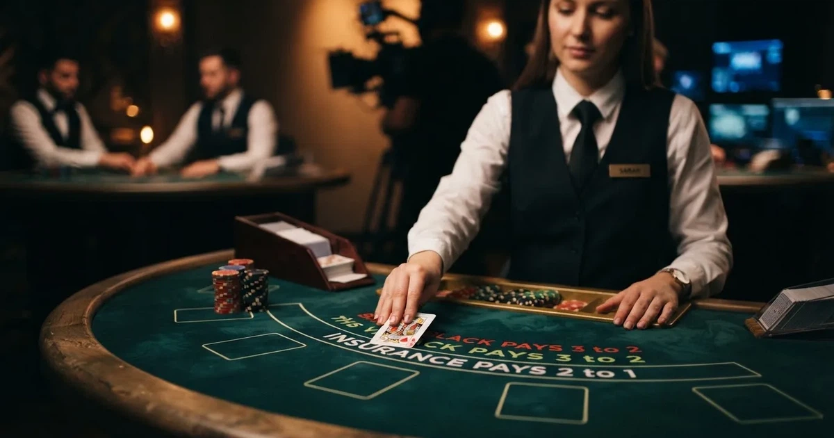 Un croupier distribuisce carte su un tavolo da gioco elegante, illuminato da luci soffuse in una sala professionale.