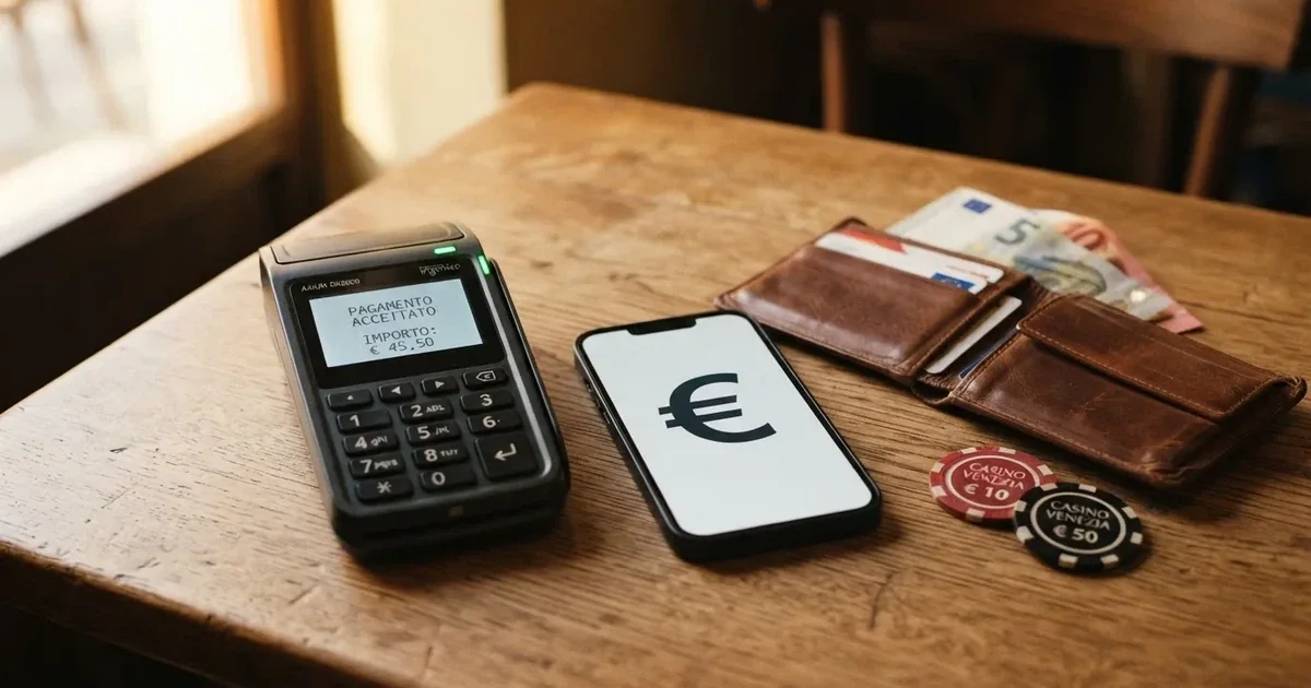 Terminale di pagamento e smartphone su un tavolo di legno accanto a un portafoglio — casino metodi di pagamento italia