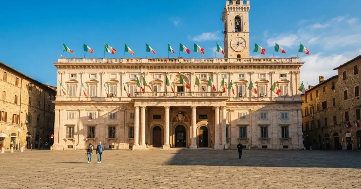 Palazzo istituzionale con bandiere al vento in una piazza soleggiata — casino no adm