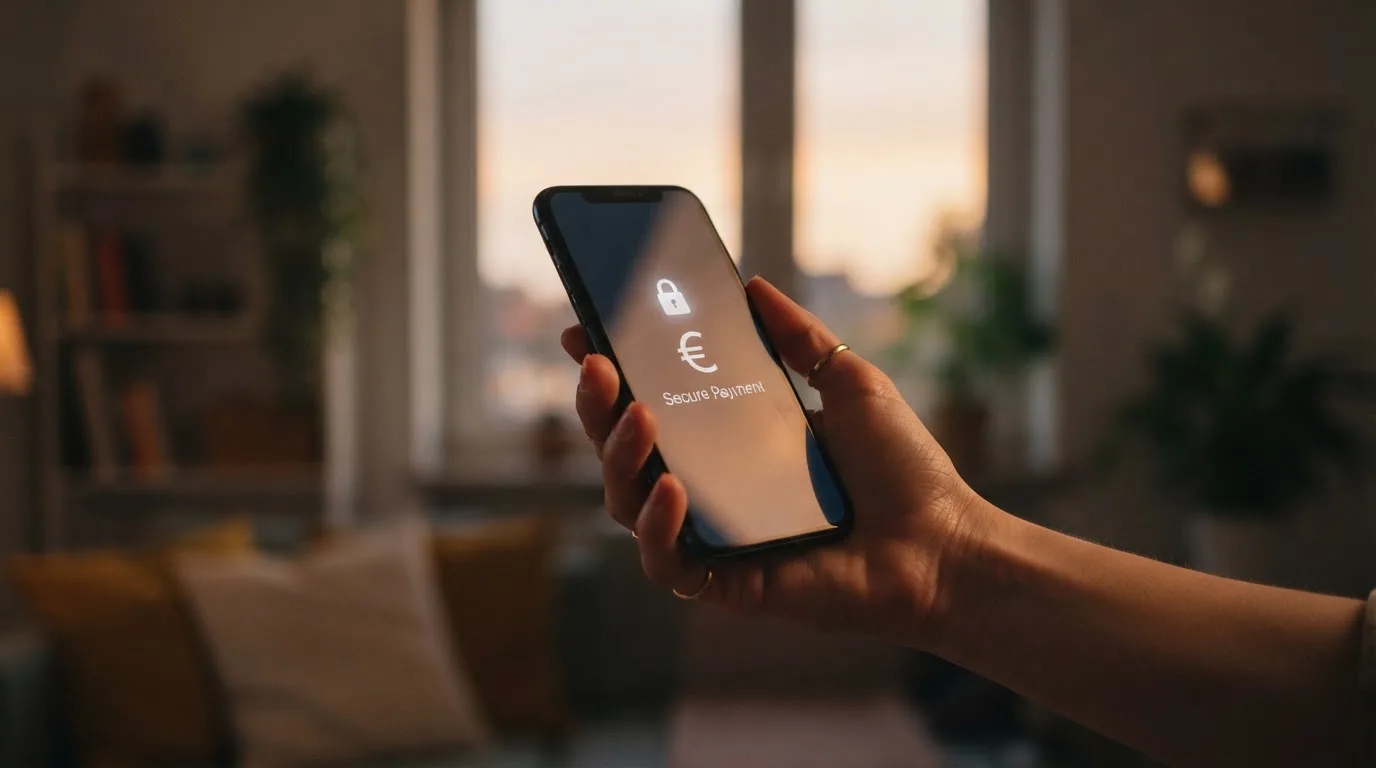 Mano che tiene uno smartphone accanto a una finestra, luce serale tranquilla — casino no adm