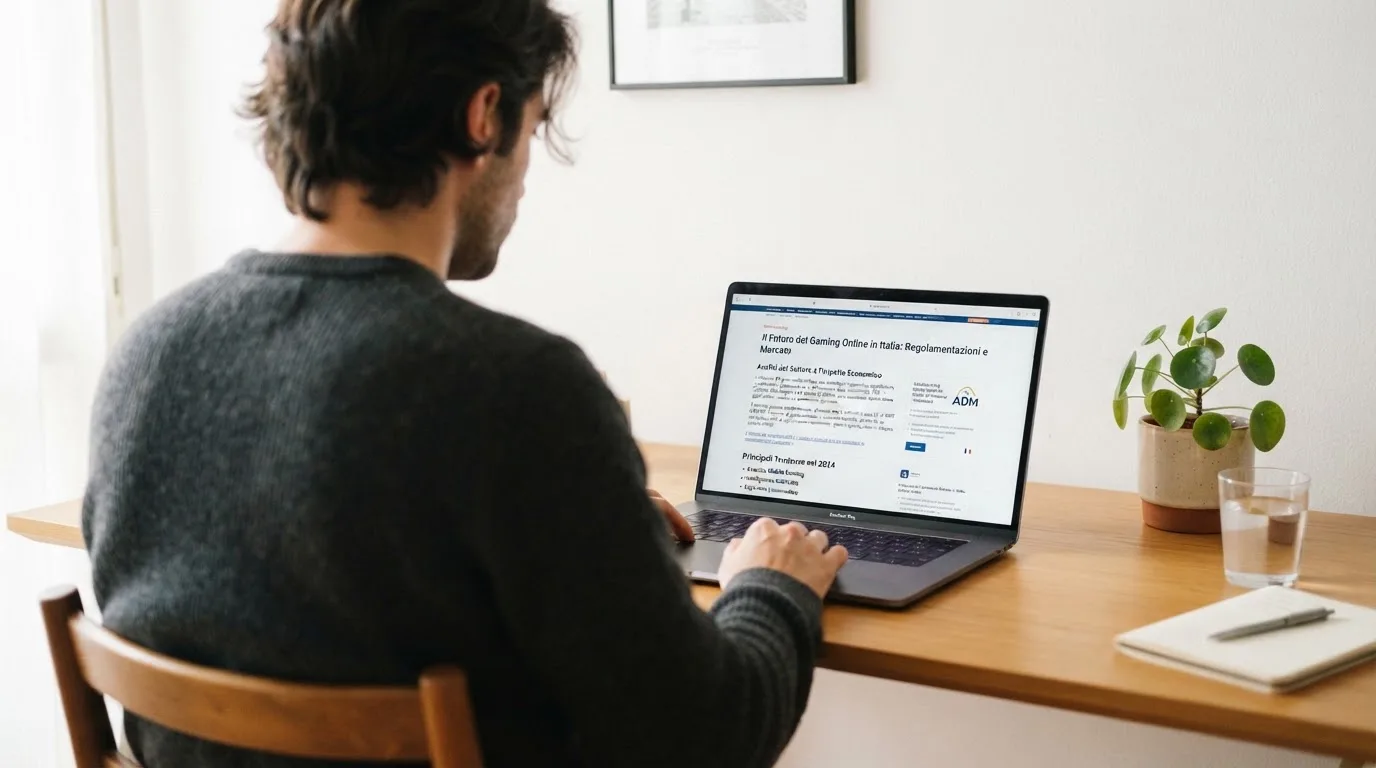 Persona davanti a un portatile che legge una pagina informativa sul gioco online in Italia — casino non aams affidabili