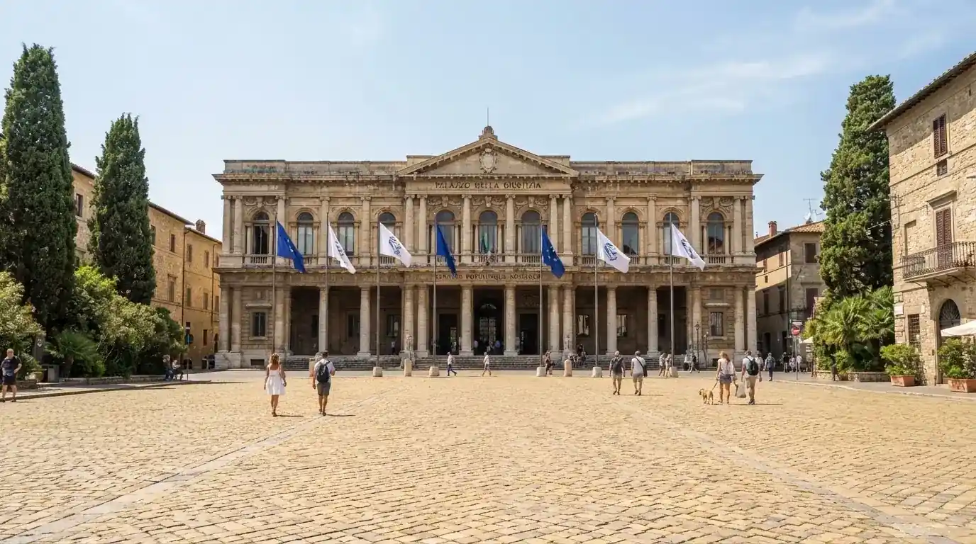 Palazzo istituzionale con bandiere al vento in una piazza soleggiata — casinò non aams che accettano dogecoin