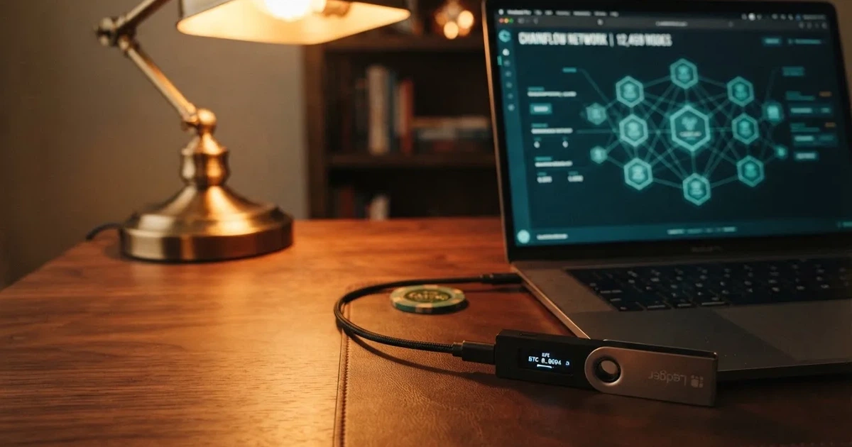 Portafoglio hardware accanto a un portatile su una scrivania scura con lampada — casinò non aams che accettano dogecoin