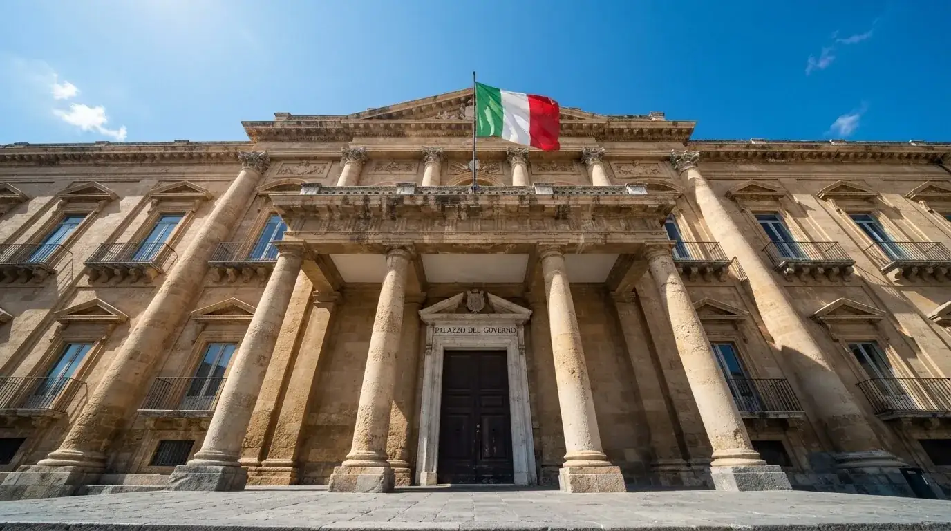 Un edificio governativo italiano con bandiera al vento fotografato dal basso in una giornata di sole.