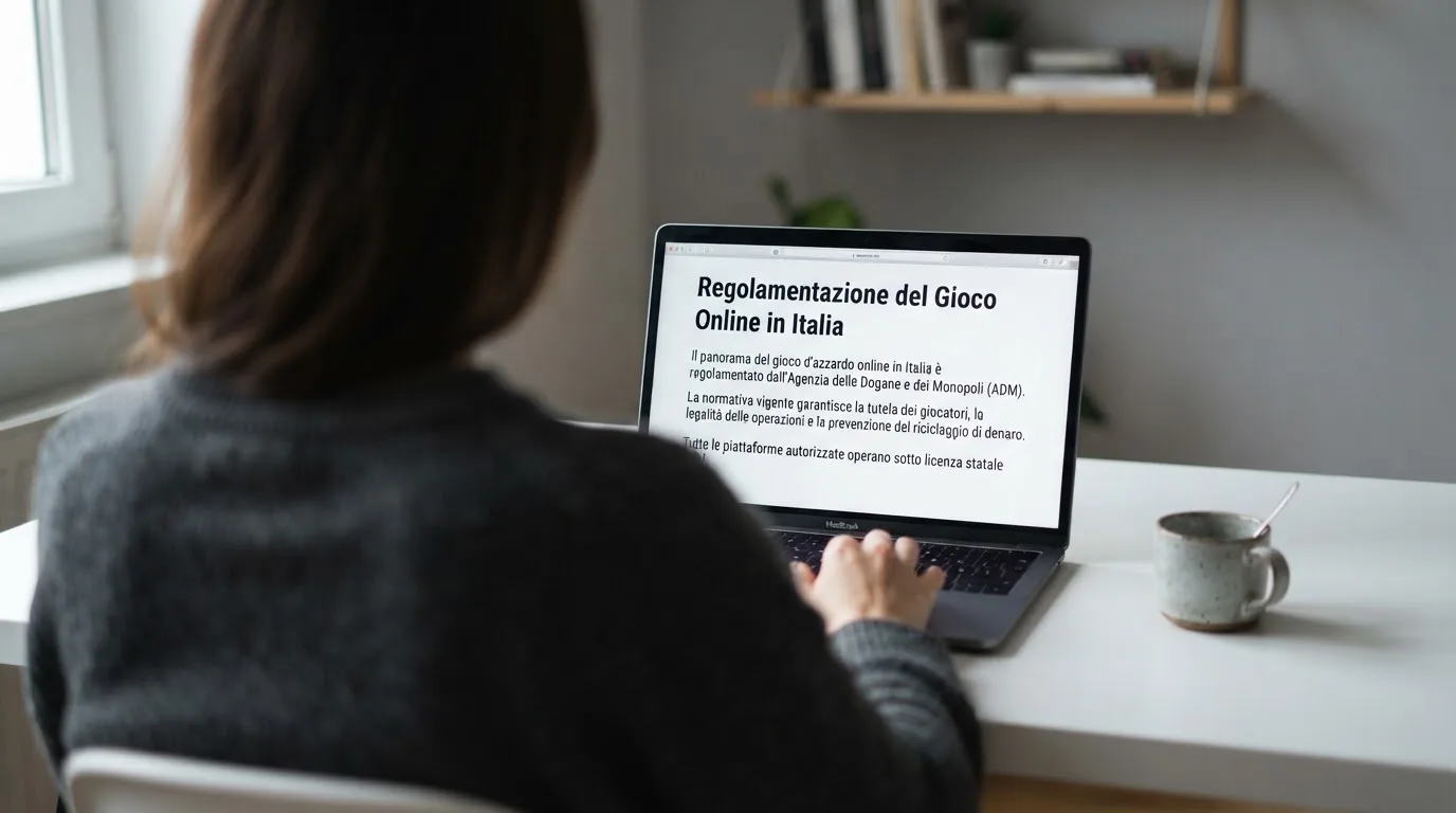 Persona davanti a un portatile che legge una pagina informativa sul gioco online in Italia — casino non aams che accettano postepay