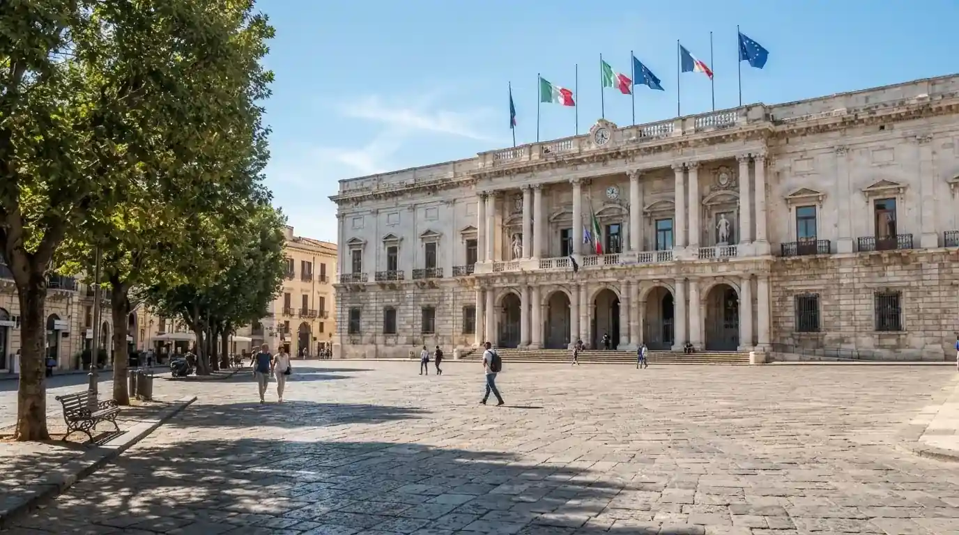 Palazzo istituzionale con bandiere al vento in una piazza soleggiata — casino non aams che accettano postepay
