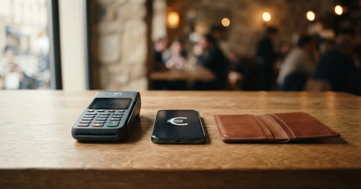 Terminale di pagamento e smartphone su un tavolo di legno accanto a un portafoglio — casino non aams che accettano postepay