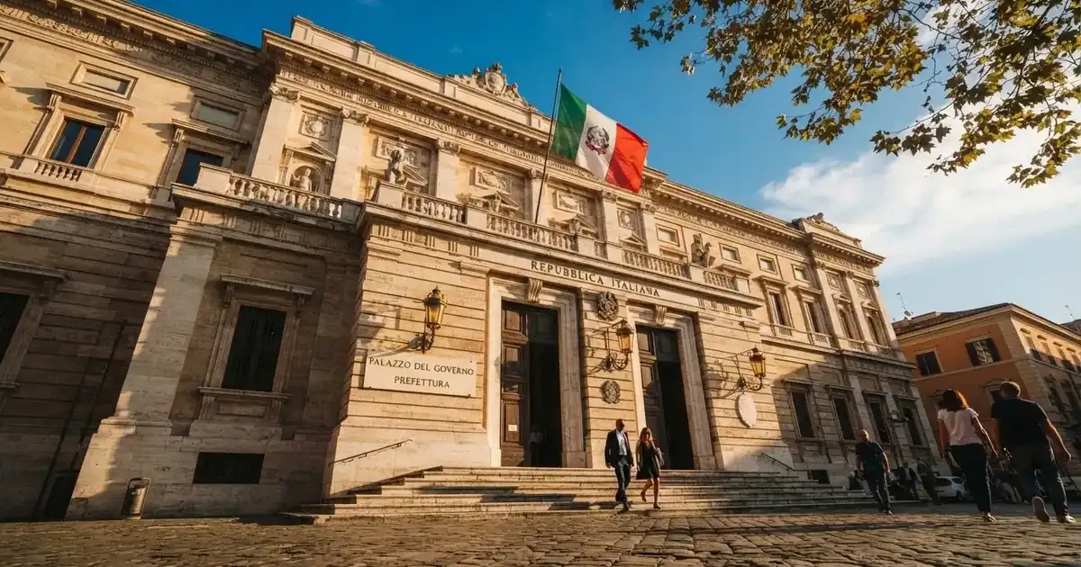 Un edificio governativo italiano con bandiera al vento fotografato dal basso in una giornata di sole.