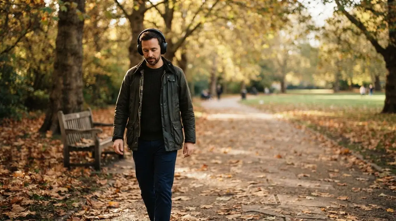 Un uomo cammina all'aperto in un parco cittadino indossando cuffie, lontano da qualsiasi dispositivo elettronico acceso.