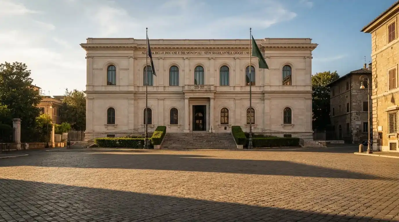 Palazzo istituzionale con bandiere al vento in una piazza soleggiata — casino online con bonus crab