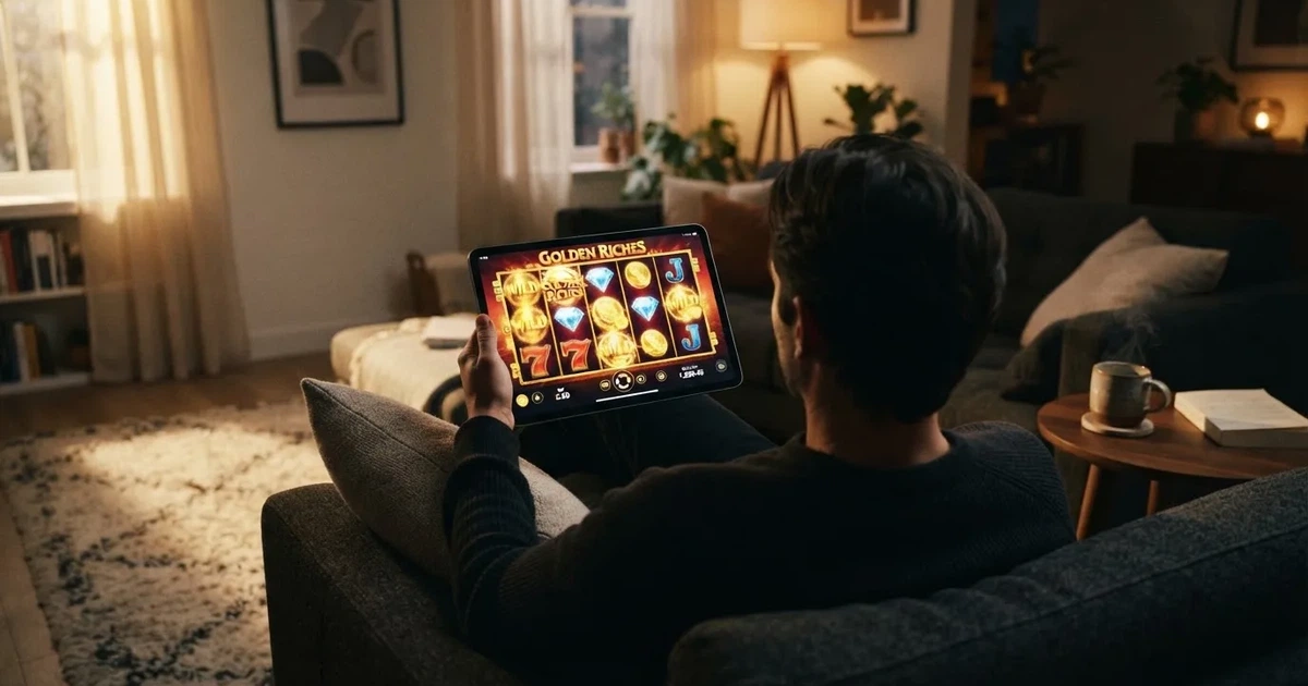 Giocatore sul divano con un tablet, tazza di caffè sul tavolino, luce calda — casino online con bonus crab