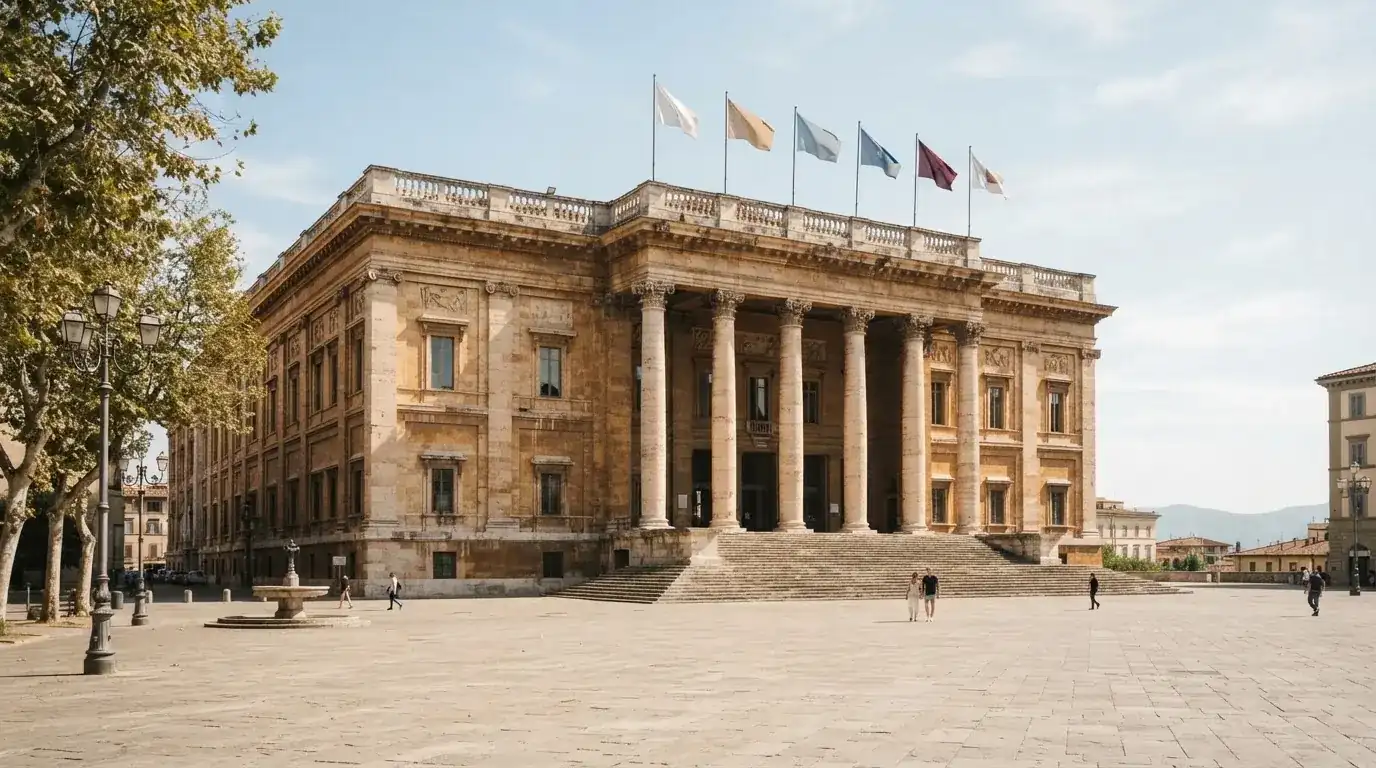 Palazzo istituzionale con bandiere al vento in una piazza soleggiata — casino online con cie