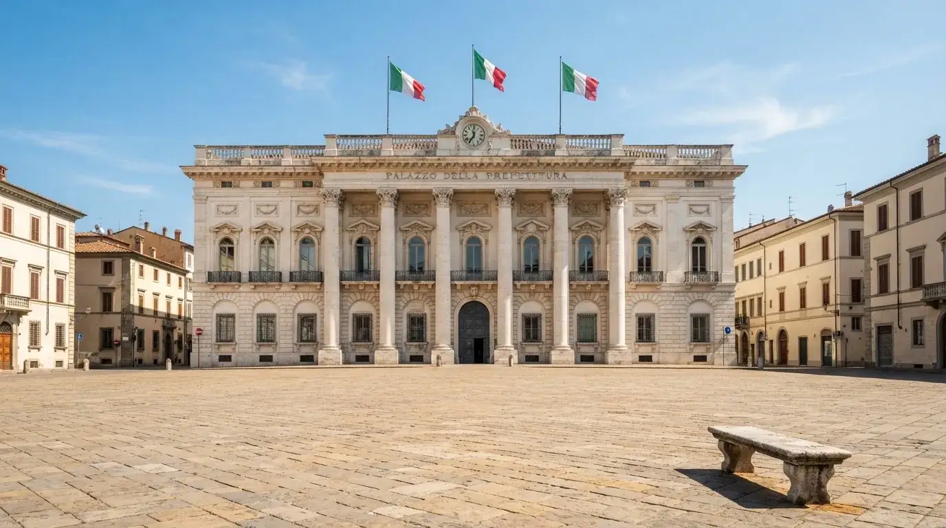 Palazzo istituzionale con bandiere al vento in una piazza soleggiata — casino online con soldi finti