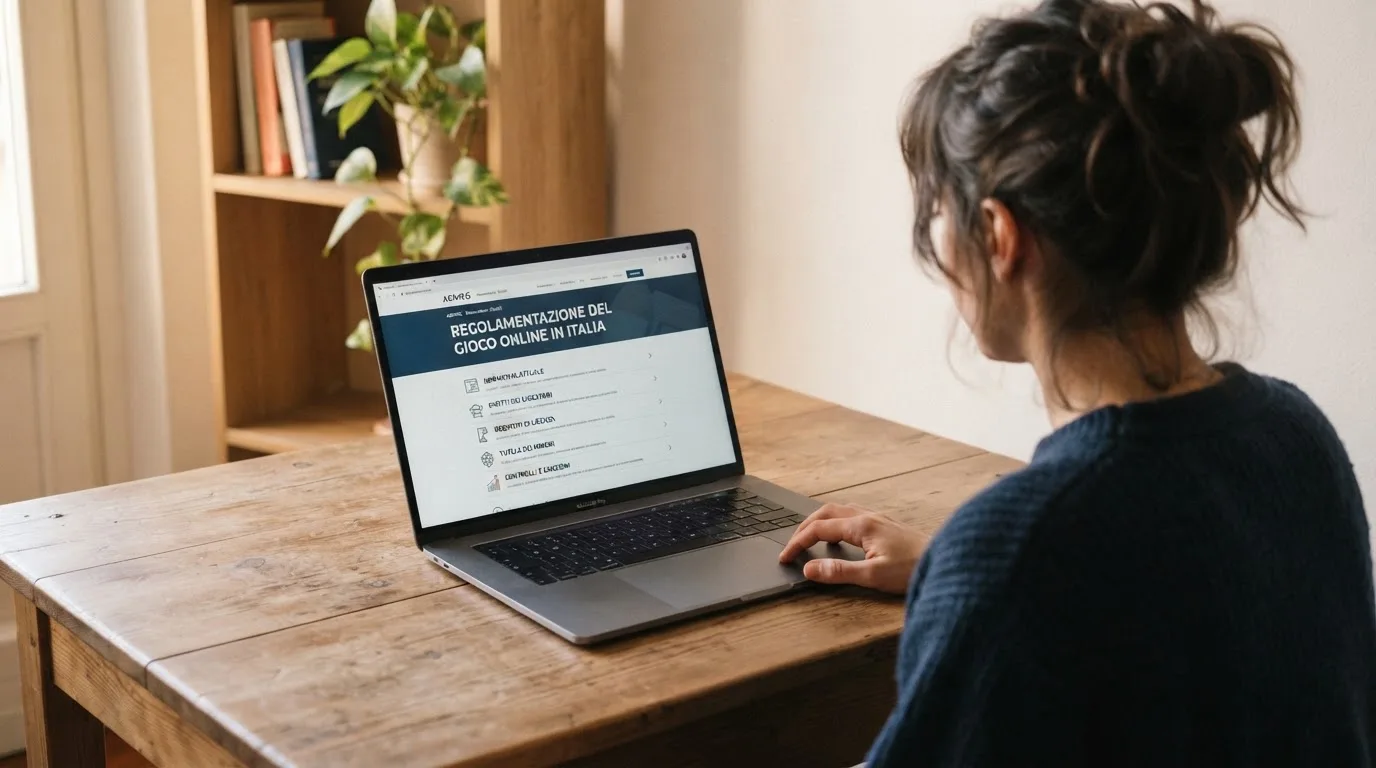 Persona davanti a un portatile che legge una pagina informativa sul gioco online in Italia — casino online italiani senza autoesclusione