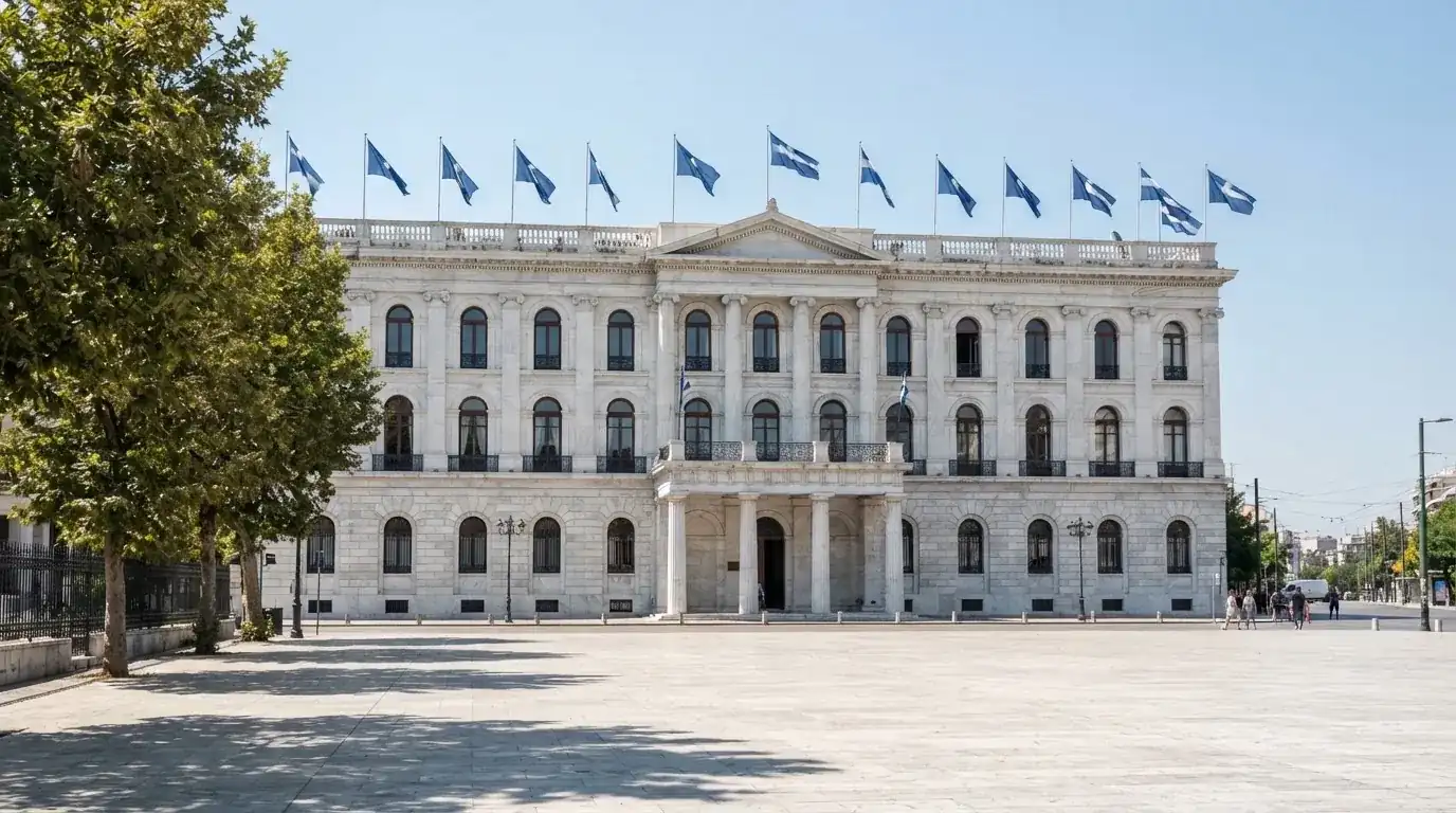 Palazzo istituzionale con bandiere al vento in una piazza soleggiata — casino senza codice fiscale