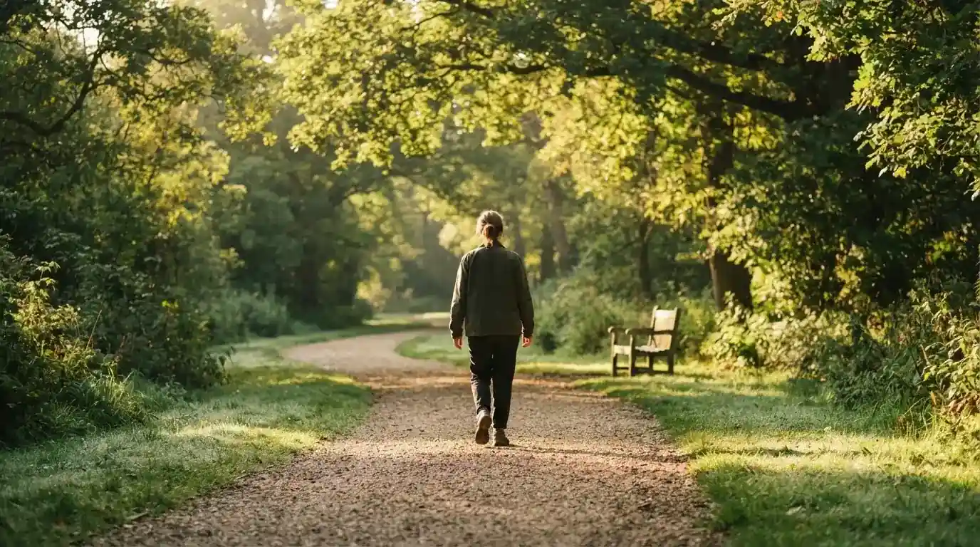 Una persona fa una passeggiata rilassata in un parco verde al mattino presto, con la luce del sole che filtra tra gli alberi.