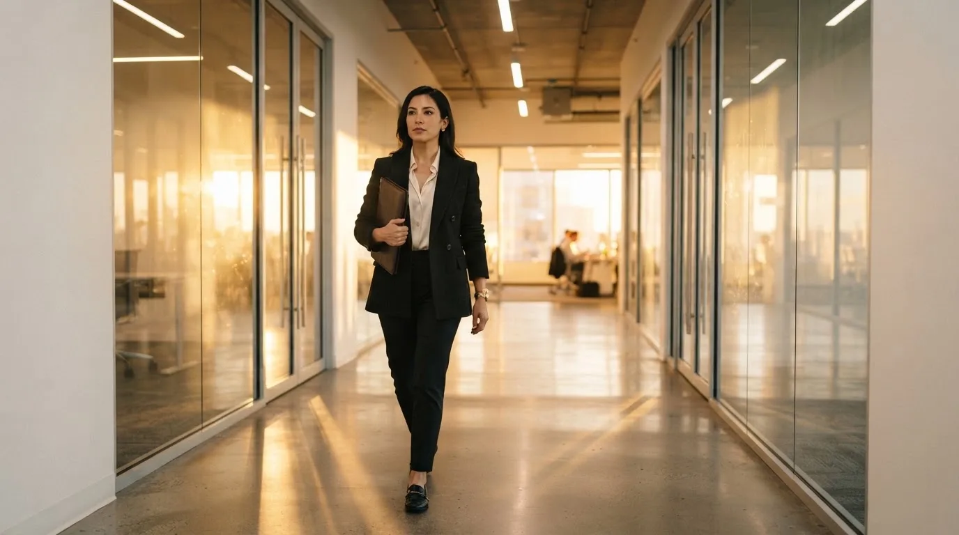 Una donna in giacca elegante cammina in un corridoio di uffici moderni con grandi vetrate, illuminato dalla luce del tardo pomeriggio.