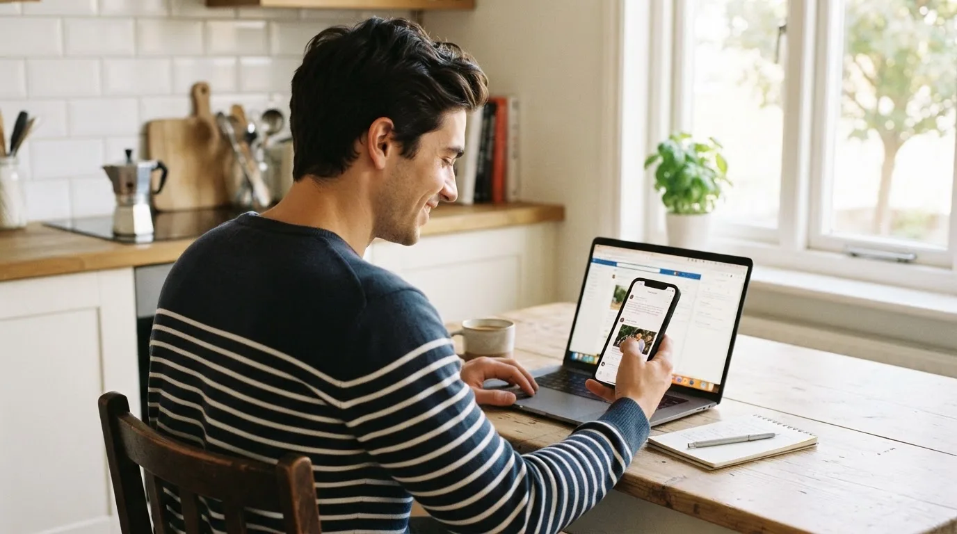 Un uomo giovane sorride mentre tiene in mano lo smartphone davanti a un computer portatile acceso, seduto a un tavolo da cucina.